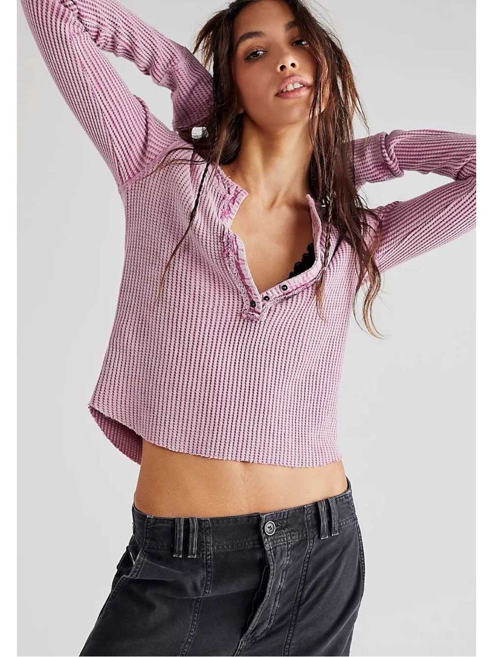Free People FP One Colt Thermal in Bubble Tea Lavender Henley Plunge Grunge XS